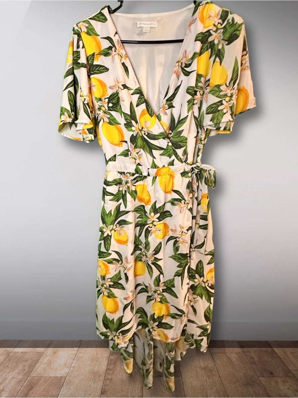 New York & Company Lemon-Print High-Low Wrap Dress - Yellow & Green